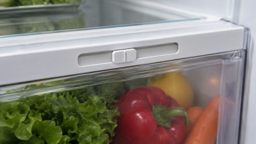 A humidity slider on the front rail of a refrigerator produce drawer seen close up