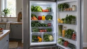 An open refrigerator with glass shelves and clear produce drawers filled with vegetables