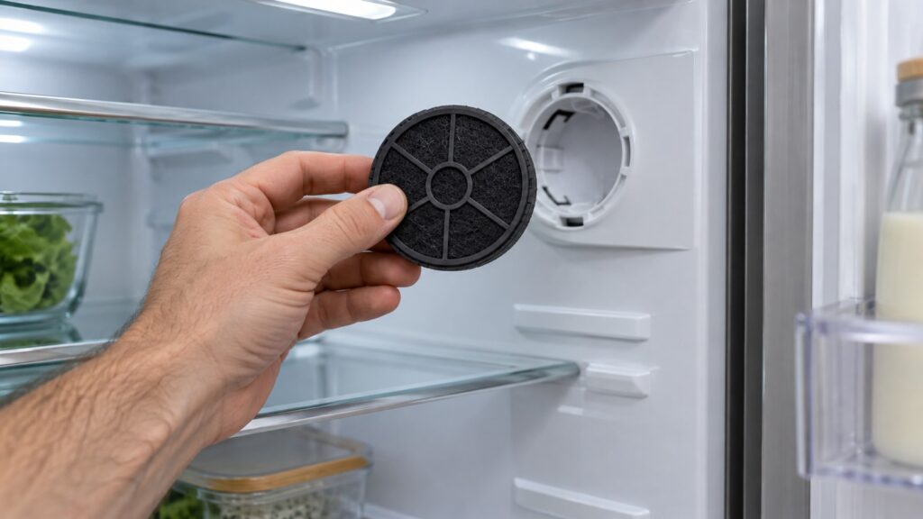 A small round charcoal filter cartridge held in a hand in front of its mount inside a refrigerator