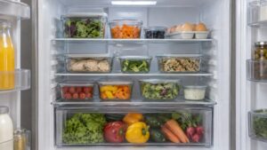 A tidy refrigerator interior with covered containers on glass shelves and a clear drawer below