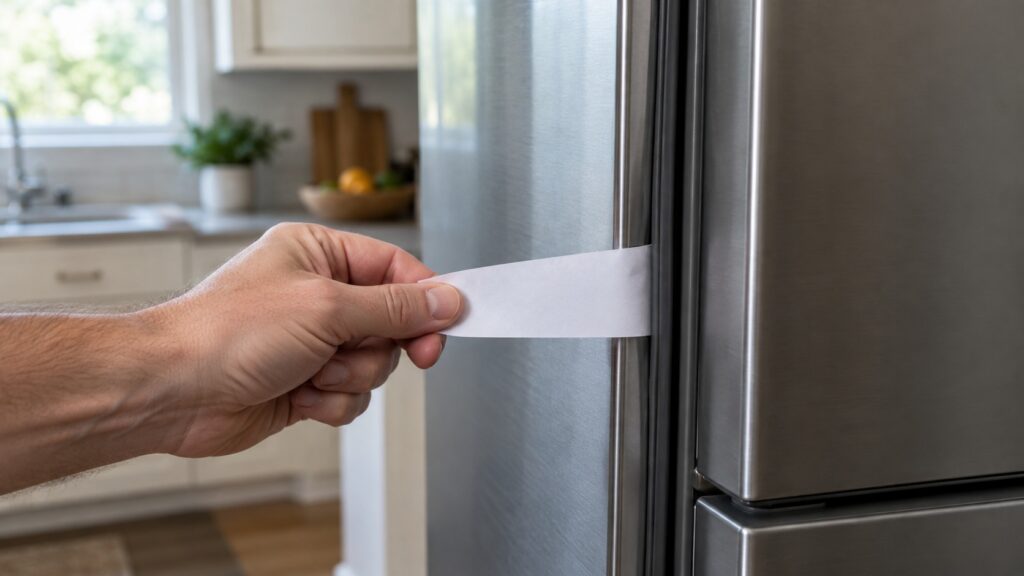 A strip of paper being pulled from a closed refrigerator door to test the seal