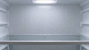 Water droplets beaded on the rear wall inside a refrigerator compartment above a shelf