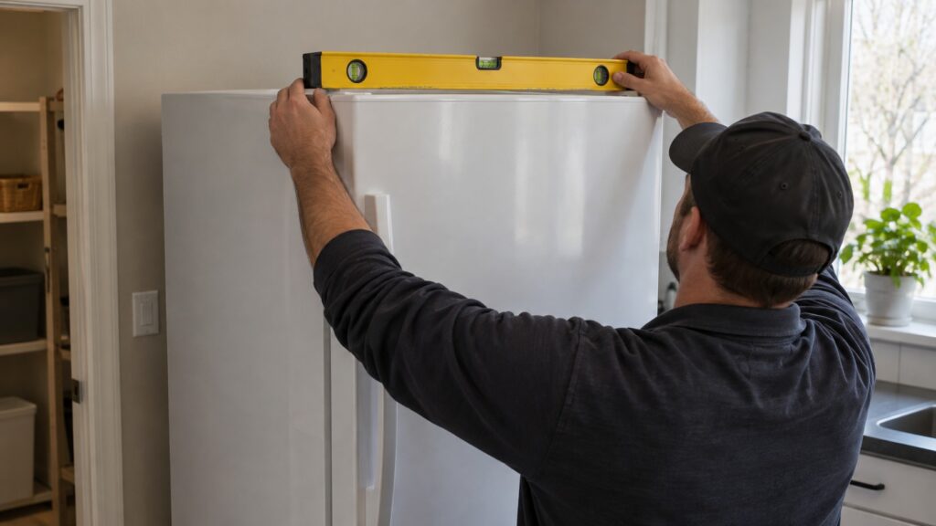A spirit level resting on top of a freestanding freezer cabinet during installation