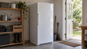 A tall white upright freezer standing in a utility room beside a doorway