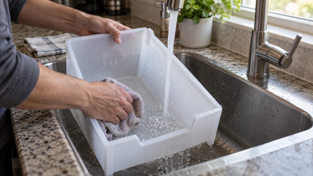 An ice bin being washed in a kitchen sink with warm water and a soft cloth