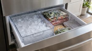 An open freezer drawer with a clear ice bin full of cubes beside frozen packages