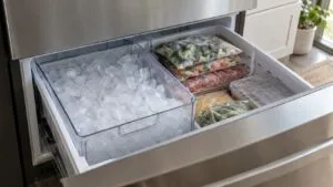 An open freezer drawer with a clear ice bin full of cubes beside frozen packages