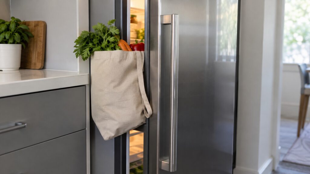 A refrigerator door standing slightly ajar with a bag of vegetables holding it off the seal