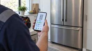 A phone held in front of a large built-in refrigerator showing an appliance status screen