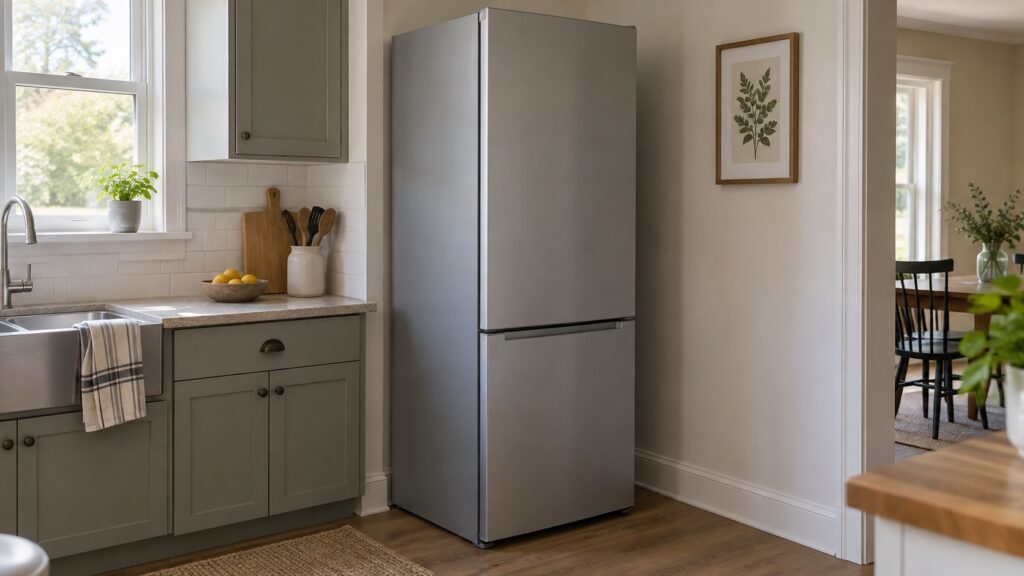 A single tall combination refrigerator standing in a kitchen alcove with its door closed
