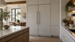 Two tall integrated refrigeration columns side by side in a run of pale kitchen cabinetry