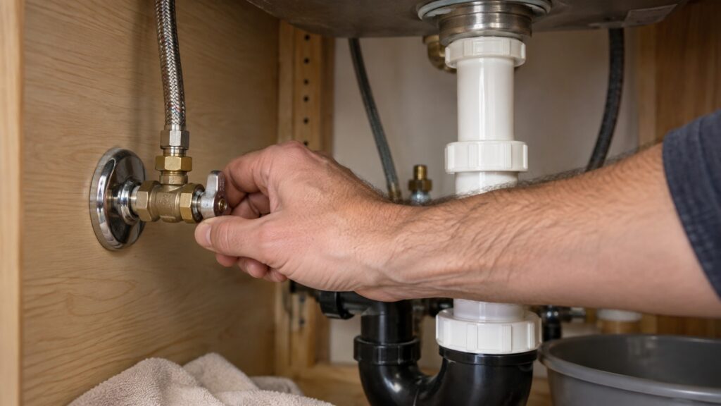 A hand closing a small water shutoff valve on a supply line under a kitchen sink