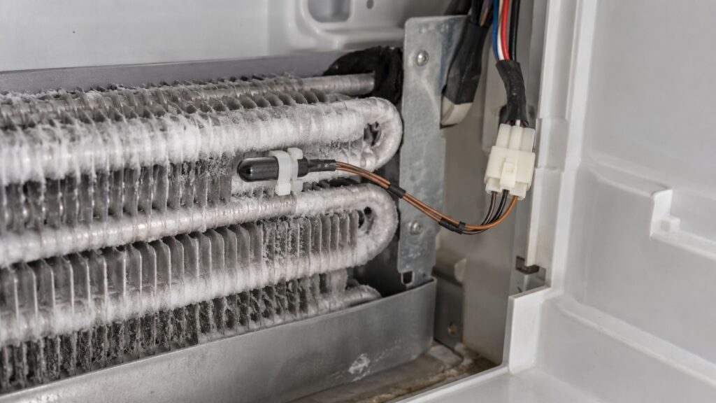 A thermistor temperature probe clipped to the evaporator coil behind the removed rear panel of a refrigerator with its wiring harness and connector visible