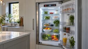An open built-in refrigerator with a lit control panel showing a letter and number fault code above glass shelves and a produce drawer