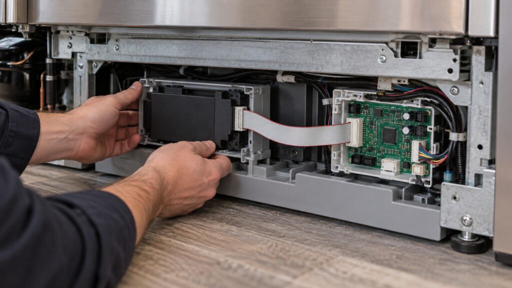 A connectivity module in its bay behind the lower plinth of a built-in refrigerator with a ribbon cable and keyed connector running to the control board