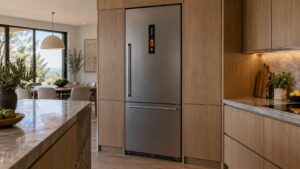 A tall built-in refrigerator column in a paneled kitchen with its touch control panel lit and showing a letter and number fault code