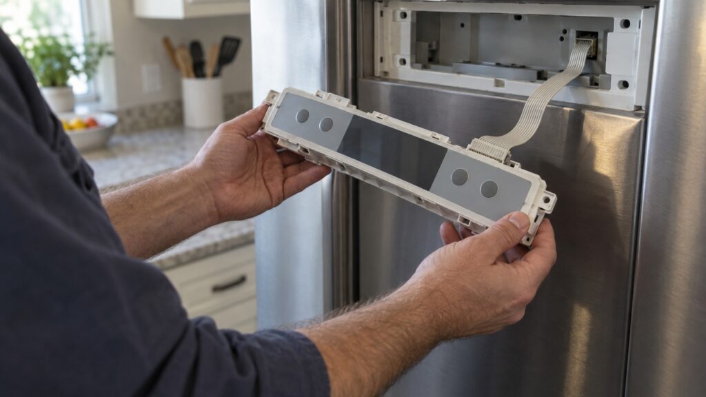 A technician holding a removed refrigerator control panel module with its flat ribbon cable still attached