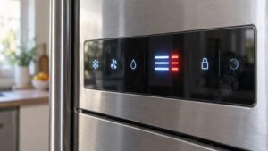 A close view of a refrigerator touch control panel with a flashing temperature reading and several function symbols lit beside it