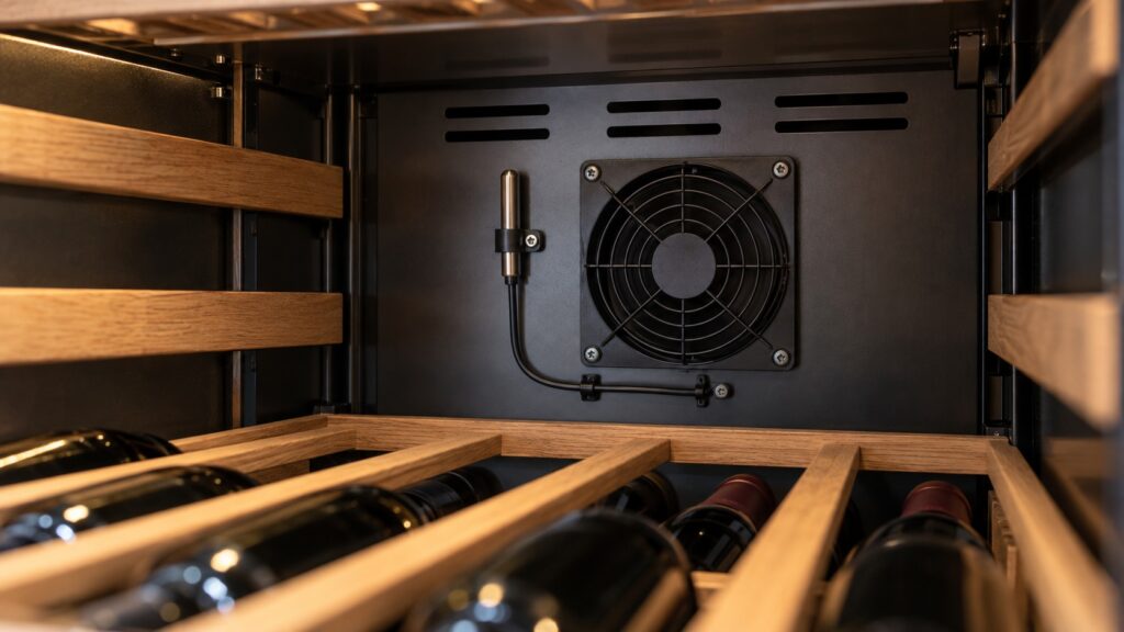 A zone temperature probe mounted on the rear wall of a wine cabinet next to the circulation fan with wooden shelf runners in view