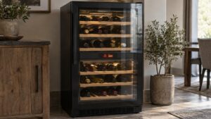 A two zone wine cabinet with a glass door showing an alarm code on its display, bottles resting on wooden shelves behind the glass