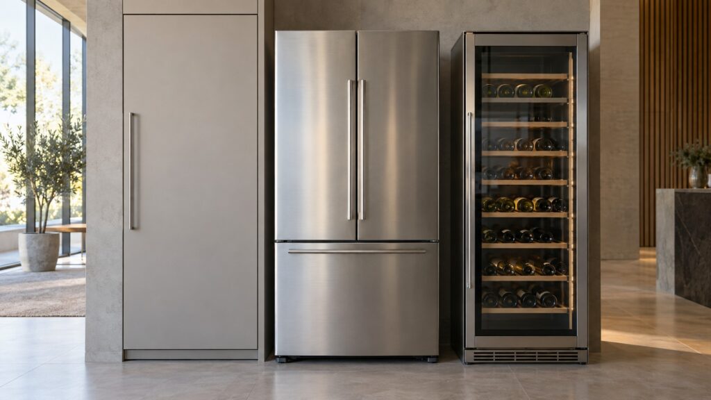 Three appliance fronts standing side by side in a showroom: a tall integrated column, a freestanding stainless refrigerator and a glass-door wine cabinet
