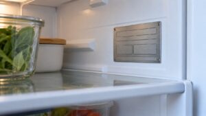 A rating plate on the inside side wall of a refrigerator printed with a model name and serial number, seen past a glass shelf