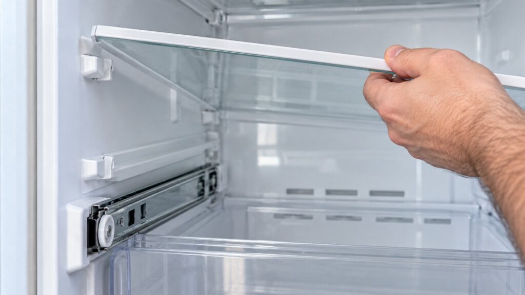 A close view of a freezer drawer runner on the side wall with the glass shelf above it being lifted clear of its supports