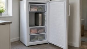 An upright freezer with one middle drawer removed so a tall roasting pan stands in the open space between the remaining drawers