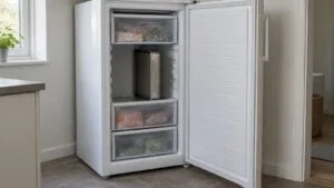 An upright freezer with one middle drawer removed so a tall roasting pan stands in the open space between the remaining drawers