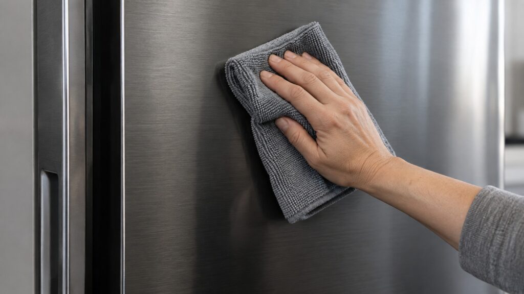 A close-up of a hand wiping a matte dark stainless refrigerator door panel with a microfiber cloth