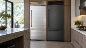 A wide shot of a modern kitchen with two side-by-side built-in refrigeration columns, one in bright brushed stainless and one in matte dark steel finish
