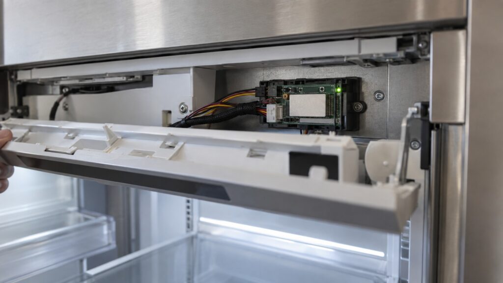 A close-up of a small electronic connectivity module with a status light, partially visible behind an open upper control panel on a built-in refrigeration column