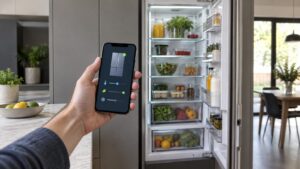 A person's hand holding a smartphone showing a refrigerator monitoring app, standing in front of an open built-in refrigeration column