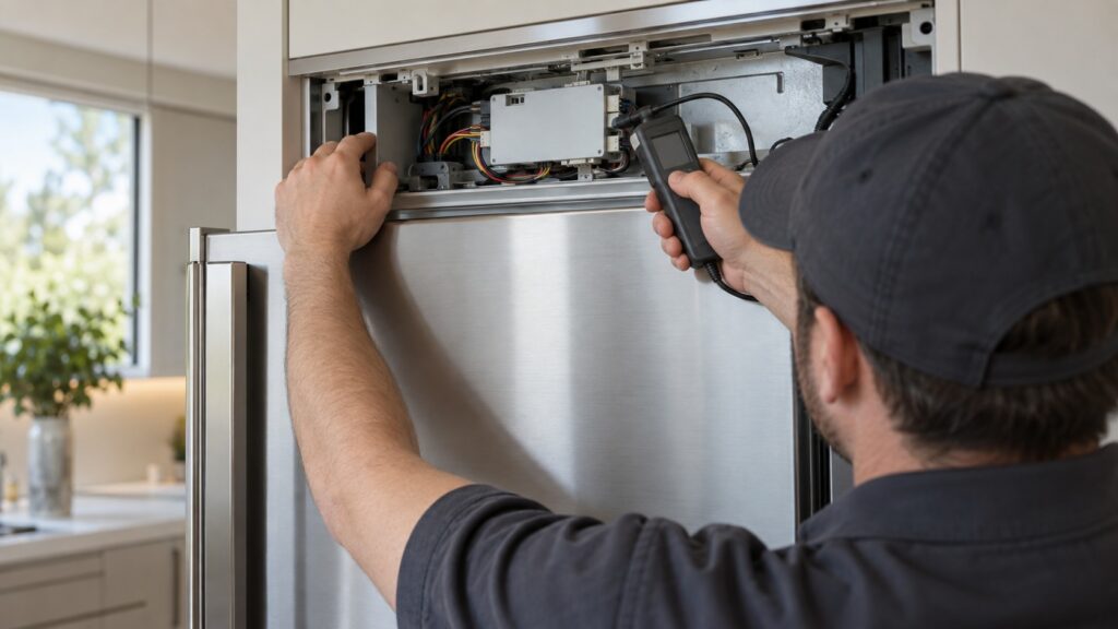 A technician holding a small handheld diagnostic tool near the open upper control panel of a built-in refrigeration column, checking a connectivity module