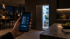 A modern kitchen at night with a built-in refrigeration column glowing softly, a smartphone in the foreground showing a connected appliance status screen