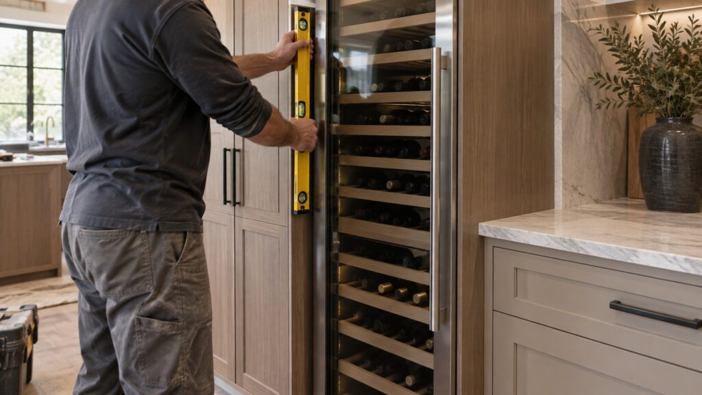 A person using a level tool against the side of a tall built-in wine refrigeration column during installation, cabinetry visible around it