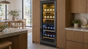 A tall built-in wine refrigeration column installed flush into kitchen cabinetry, its glass door showing two visible temperature zones of wine bottles