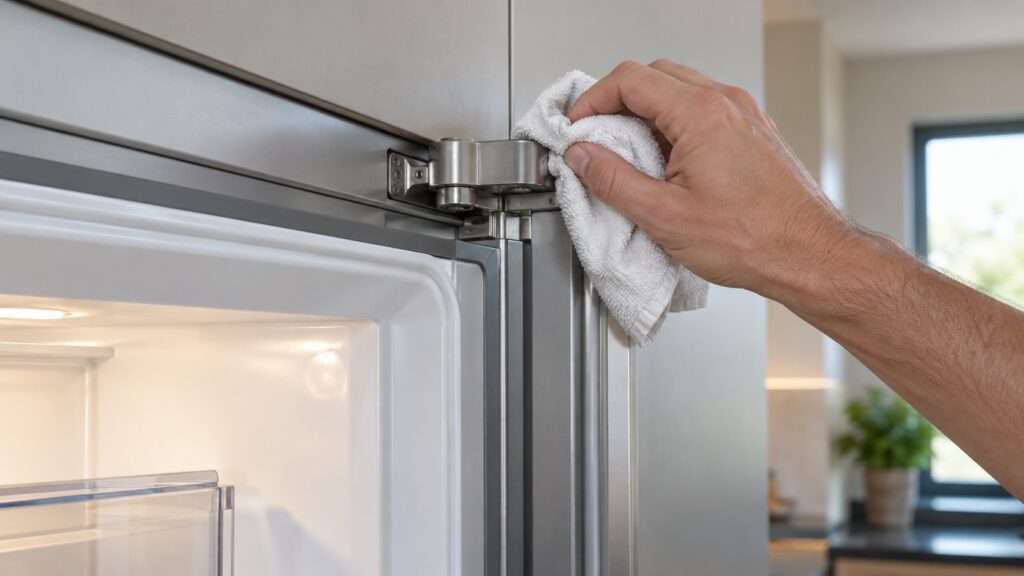 A close-up of a hand wiping a metal hinge housing at the top corner of an open built-in refrigeration column door with a soft cloth