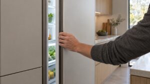 A hand gently closing the tall door of a built-in refrigeration column in a modern kitchen, the door easing shut in its final inches