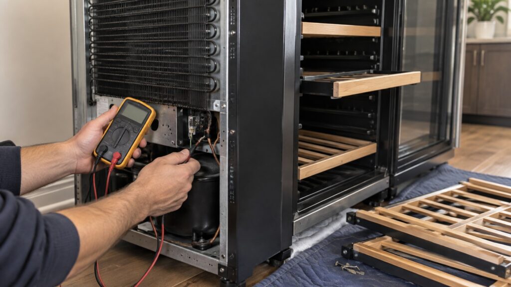 A technician's hands holding a small diagnostic meter near the back panel of an open wine aging cabinet with the shelving partially removed