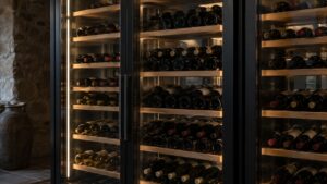 A tall glass-front wine aging cabinet fully stocked with wine bottles resting on wooden shelves in a dim, temperature-controlled room