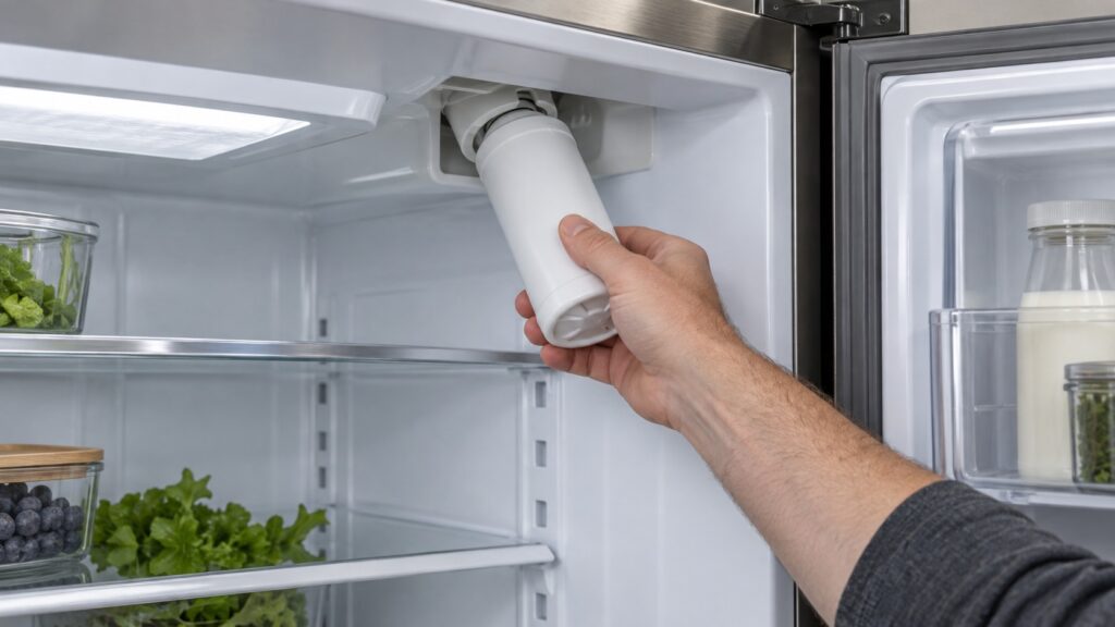 A hand removing a cylindrical water filter cartridge from inside the upper compartment of a built-in refrigerator