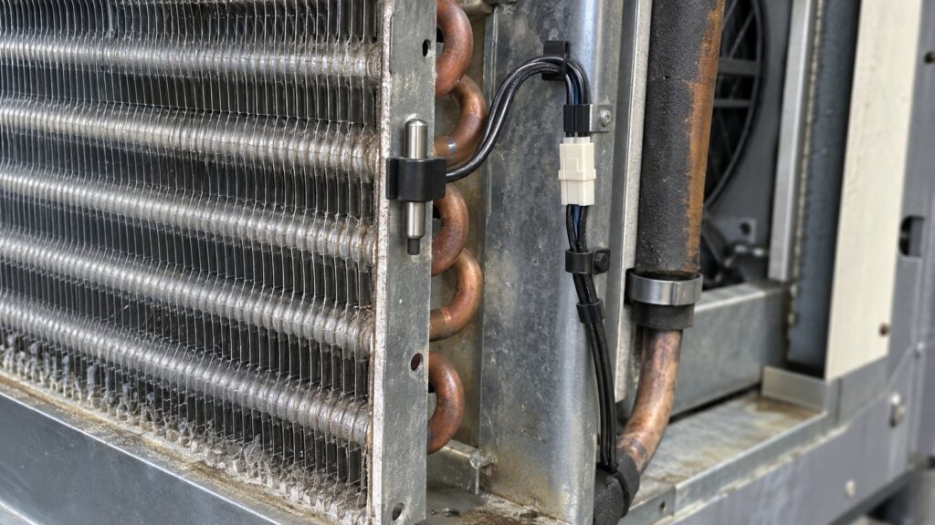 A close-up of a small temperature sensor and its wiring harness mounted near an evaporator coil behind an open access panel in a refrigeration unit