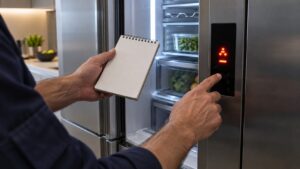 A service technician's hands holding a small notepad beside the lit control display of a built-in refrigeration column showing an unreadable fault code