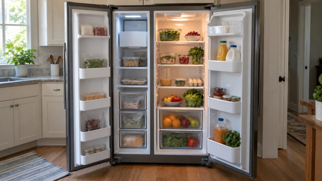 A side-by-side refrigerator with both doors open showing the fridge side and the freezer side
