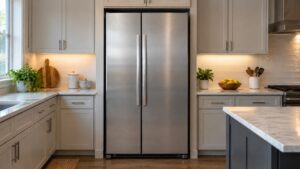 A tall side-by-side refrigerator in a kitchen niche with both doors closed