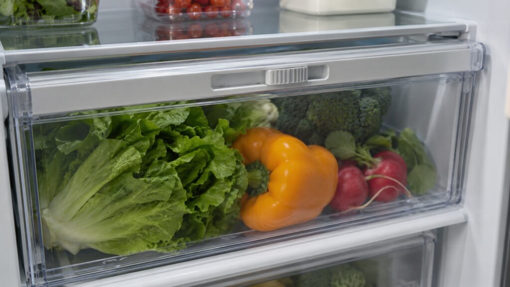 A close-up of a sealed refrigerator drawer with a humidity slider at its front edge