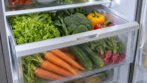 A refrigerator crisper drawer filled with fresh vegetables and a small humidity slider