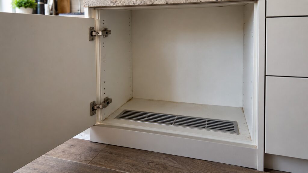 A cabinet niche with a hinge bracket and a ventilation grille visible at the base