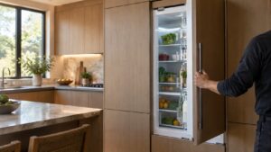 A built-in refrigerator behind a cabinet panel door being opened in a kitchen